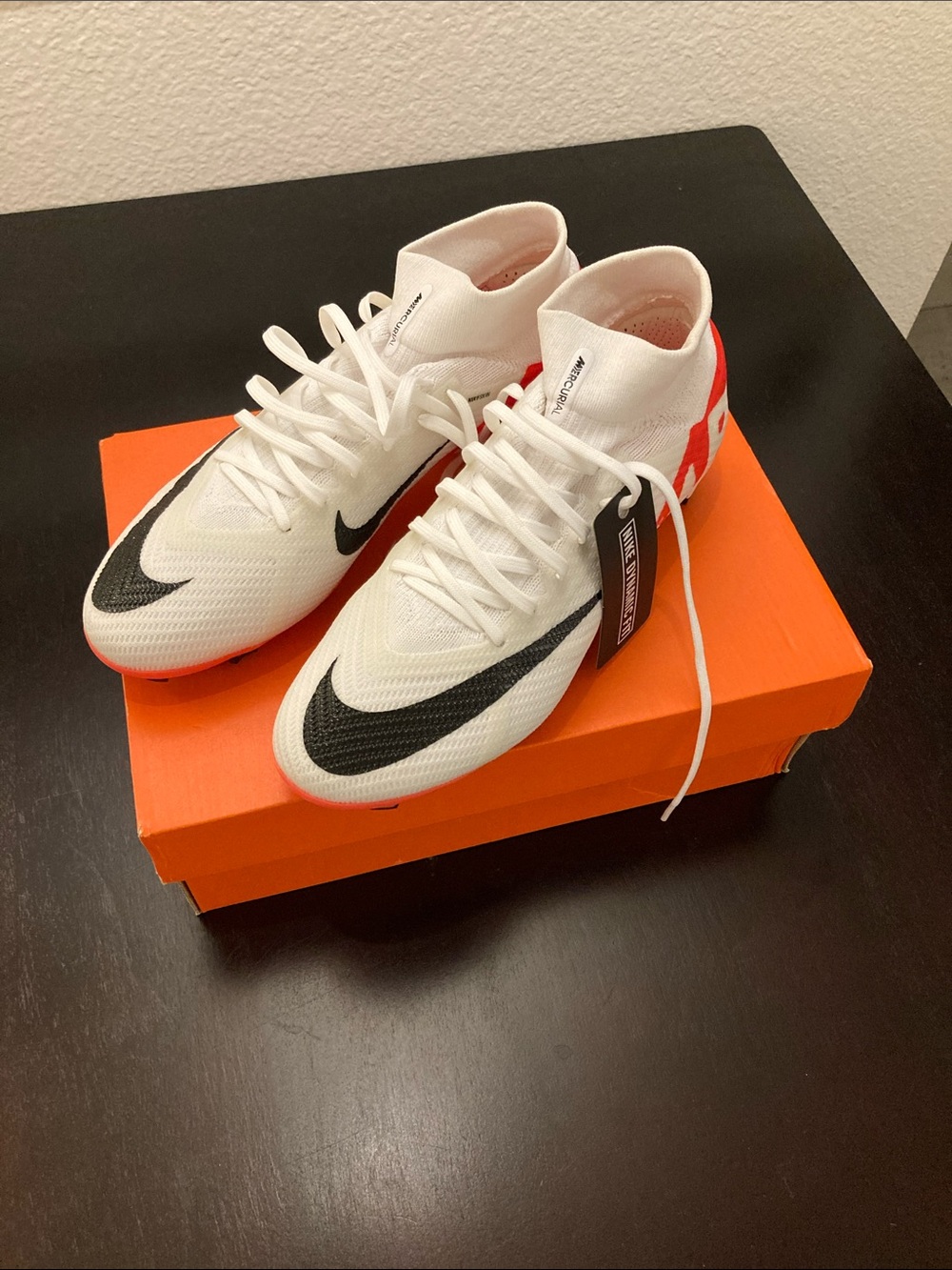 Nike Soccer Cleats White with Black Swoosh and Red Heel
